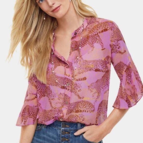 Cabi Minx Leopard Sheer Blouse Pink - Picture 1 of 10
